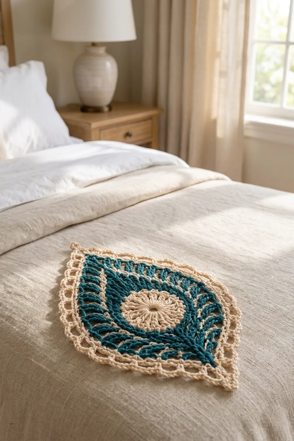 Teal-centered crocheted square coaster with cream border sits on a light bedspread in a calm bedroom.