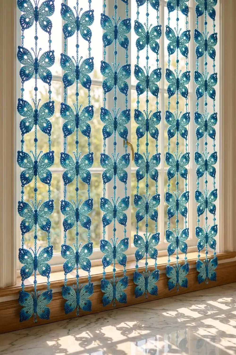 Crocheted blue butterfly garland with beaded strings hangs in a sunlit window above a wooden sill.