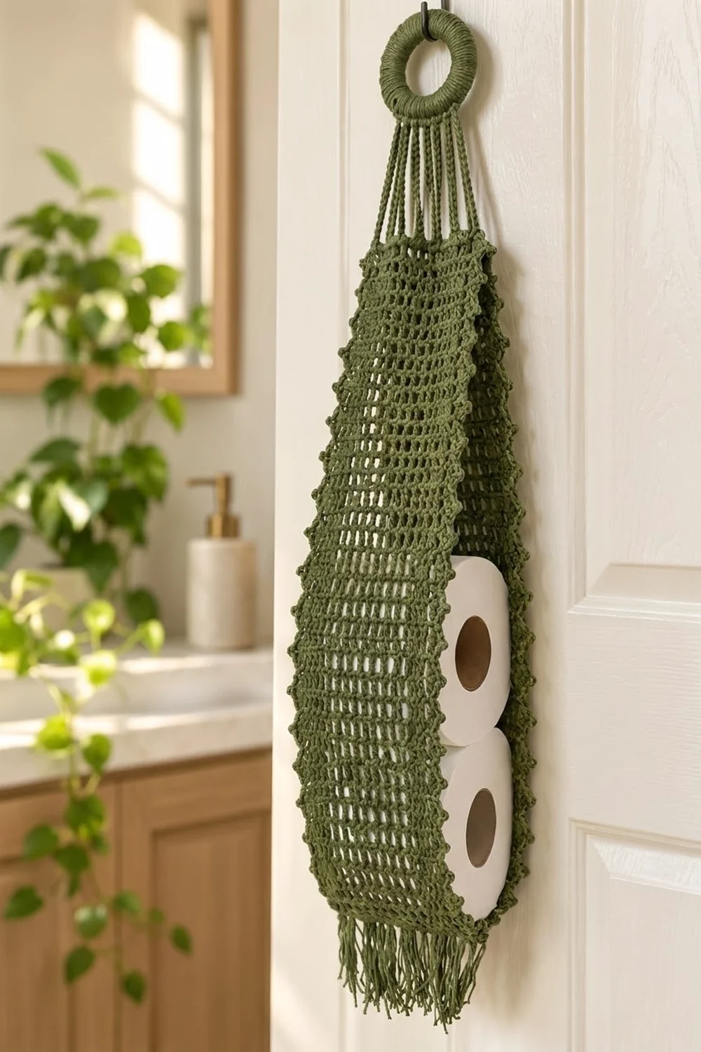 Sage green crocheted toilet paper holder holding white paper roll, hanging on wall beside a potted plant.