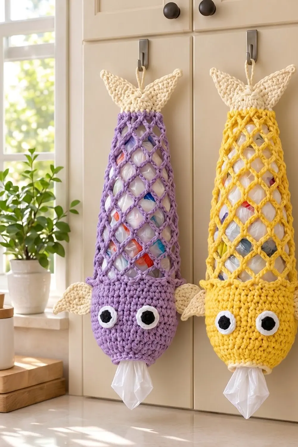 Two crocheted pineapple ornaments in purple and yellow with googly eyes hanging on neutral kitchen cabinet doors.