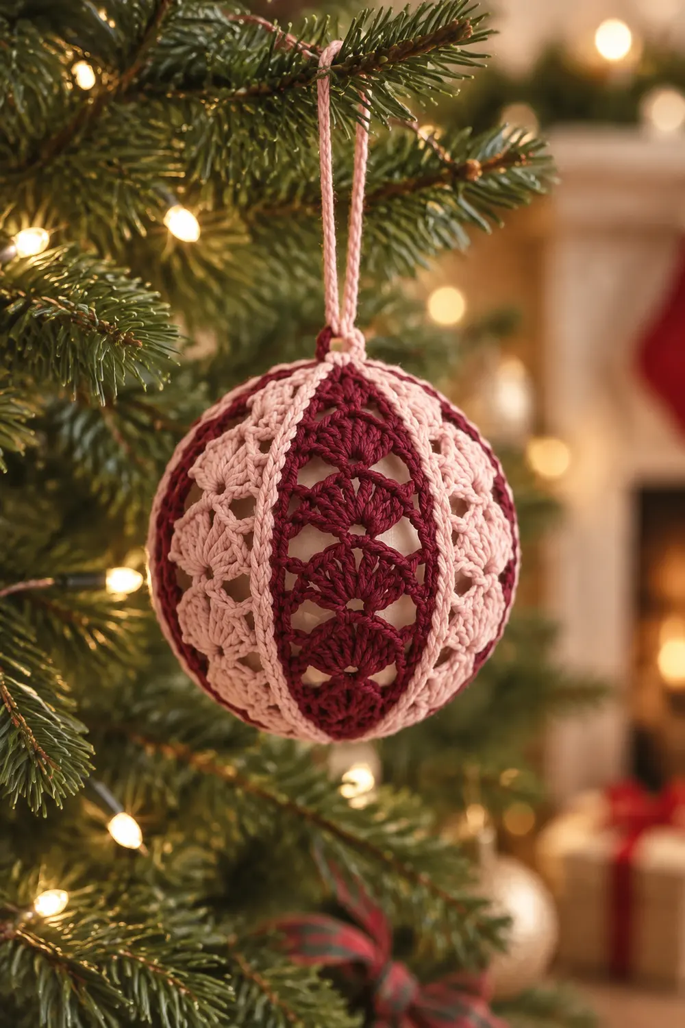 A crocheted egg ornament in burgundy and pink hangs from an evergreen branch with warm string lights.