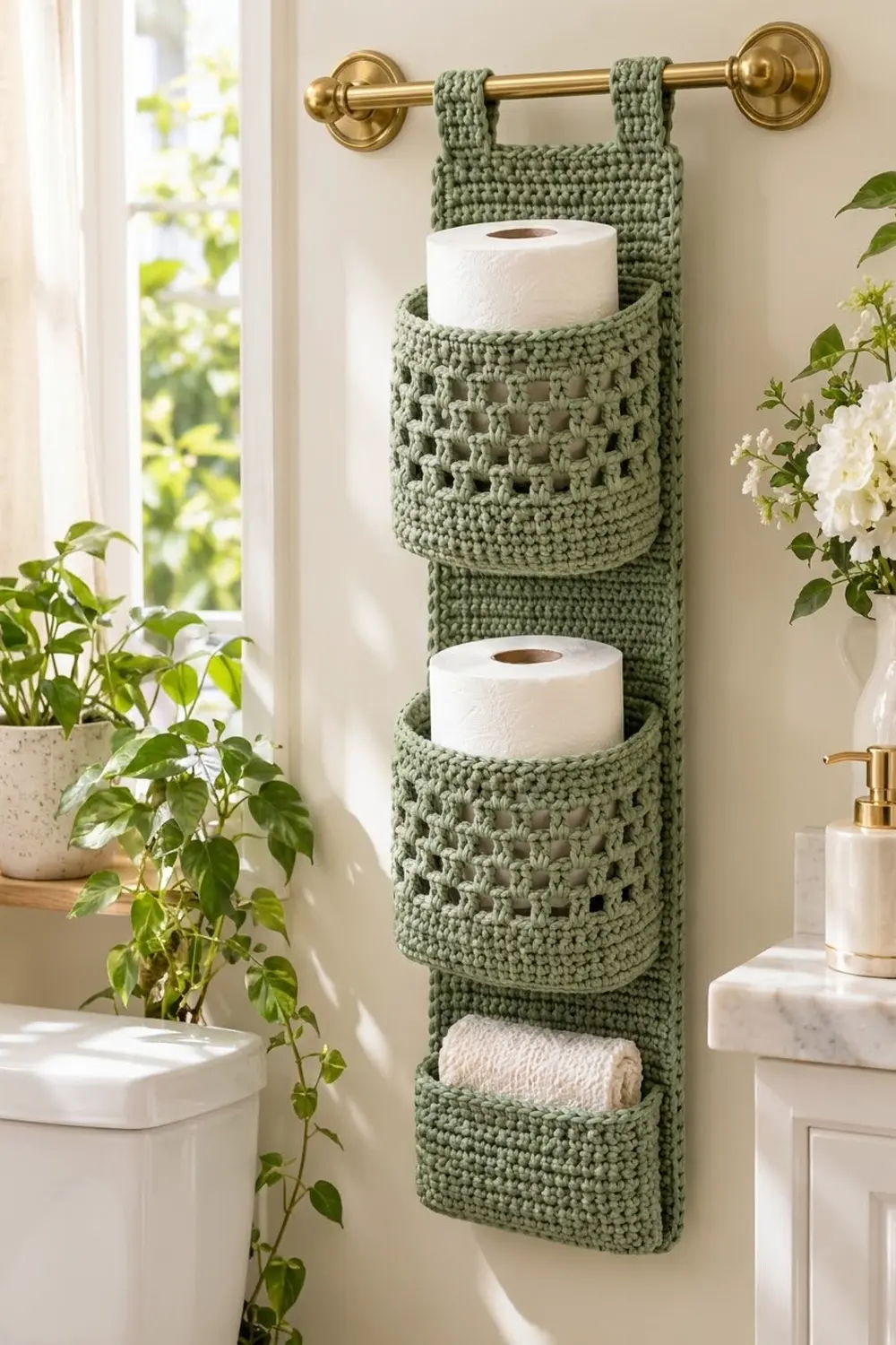 Handmade sage green crochet organizer with toilet paper rolls and linens hangs on brass bathroom rod by sunlit window.