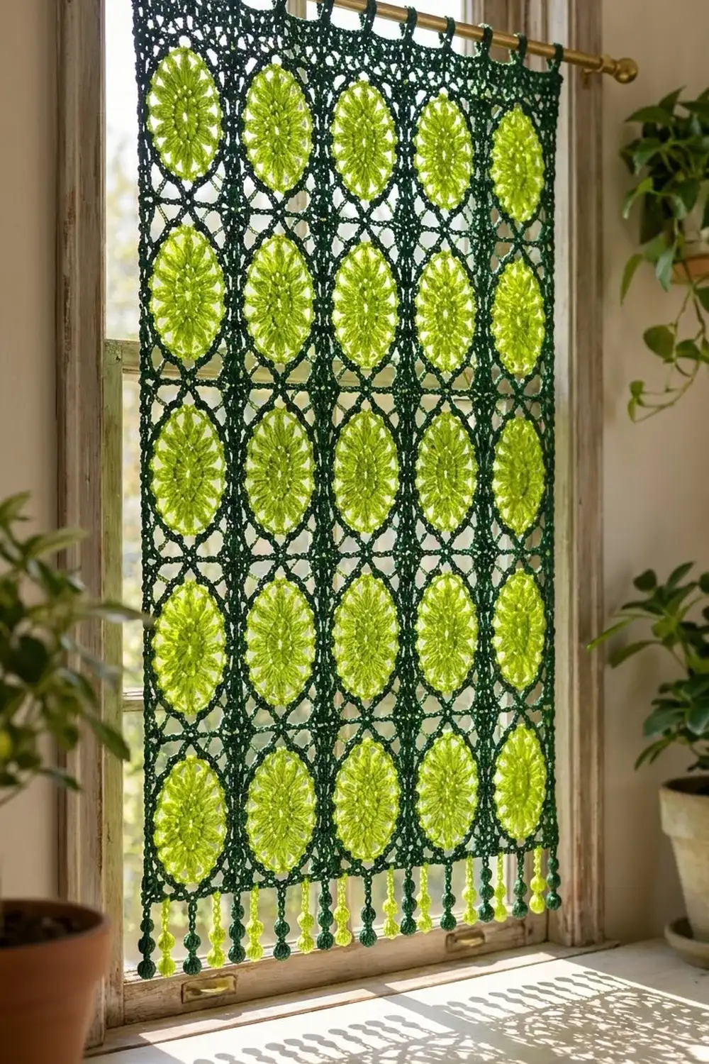 Dark green crochet window hanging with chartreuse leaf motifs and beaded fringe displayed in a sunlit window.