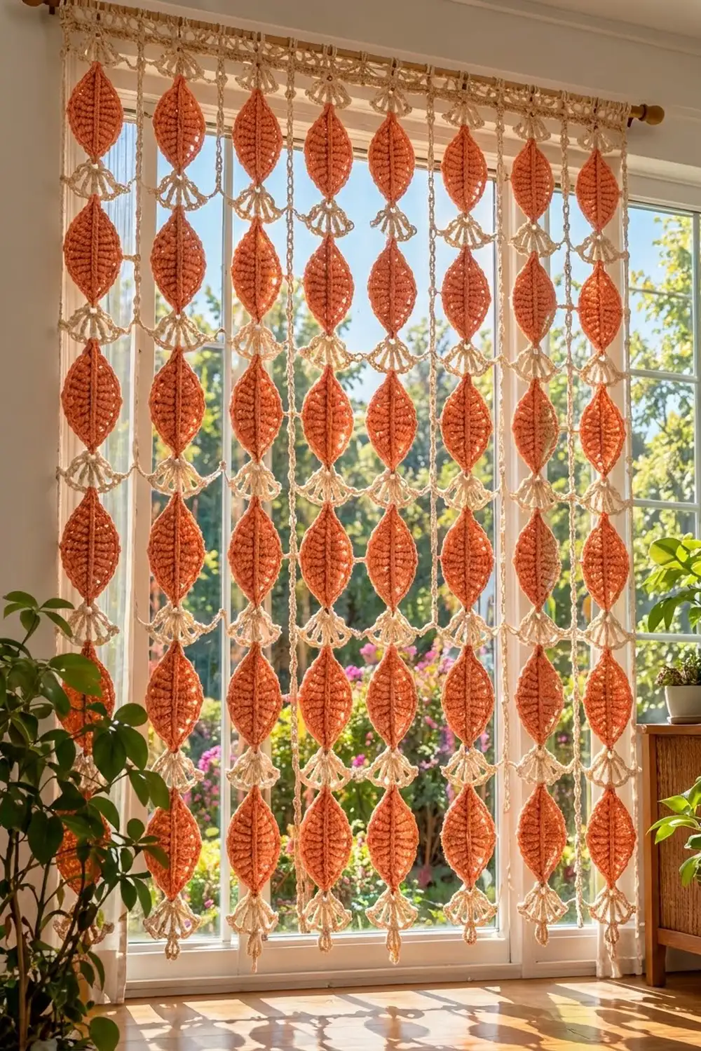 Rust-red crocheted leaf curtain with cream shell connectors hanging in a sunny window with green plants and garden beyond.