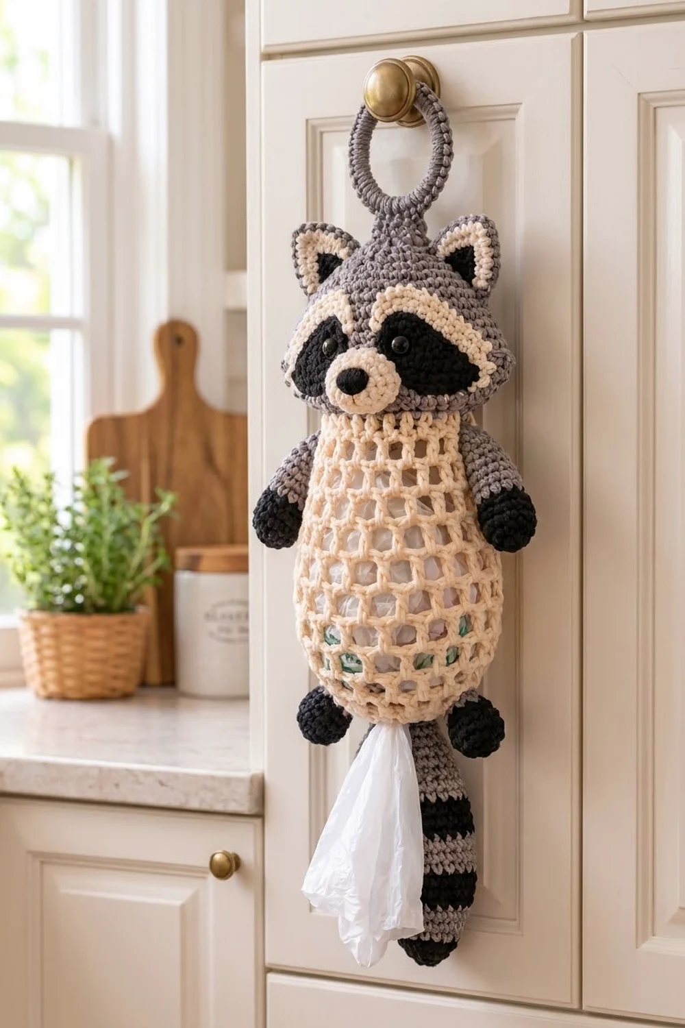 Crocheted raccoon in gray and cream with a latticed belly bag hanging from a kitchen cabinet door.
