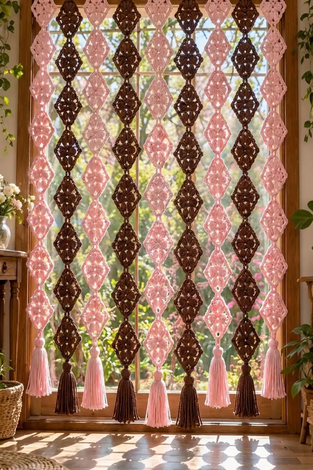 A crocheted window hanging in pink and brown diamond pattern with tassels hangs in a sunlit window with houseplants.