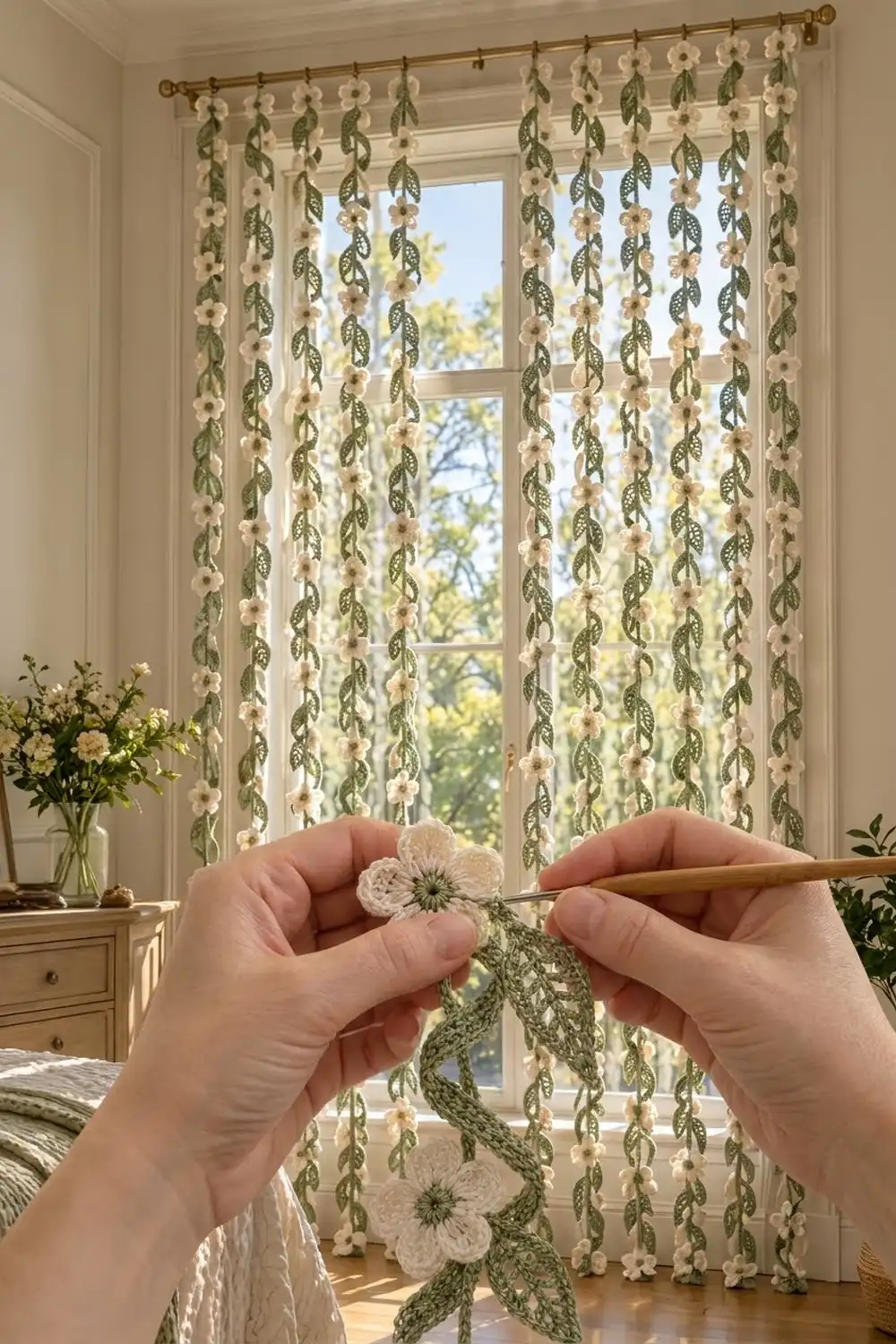 Hands holding a crocheted cream flower and green leaf garland hung as a window curtain in a bright, sunlit room.