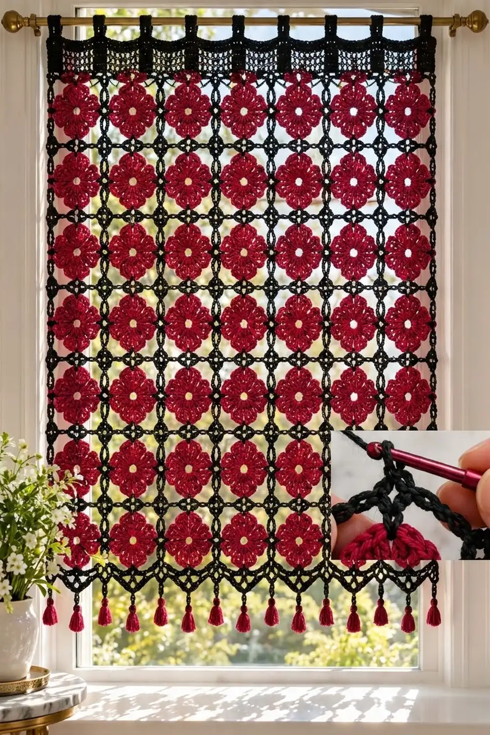 Red crochet flower curtain with black lace and tassel fringe hung on a bright window overlooking green plants.