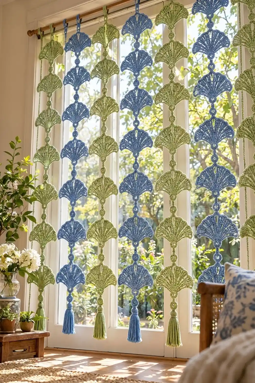 Crochet window curtain with alternating navy and sage green fan shapes and tassels, filtering bright outdoor light.