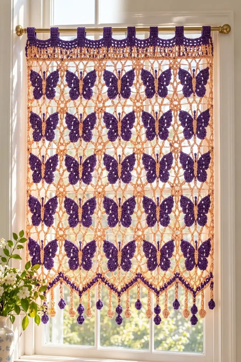 Crocheted butterfly curtain in purple and peach with beaded fringe hanging from a brass rod at a window.