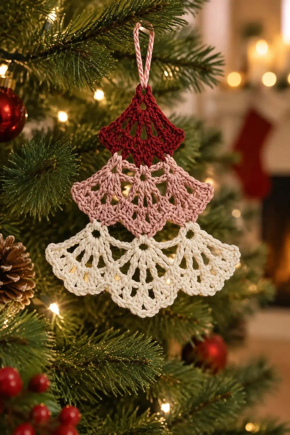 A crocheted Christmas tree ornament with red, pink, and cream tiers hangs from evergreen branches.