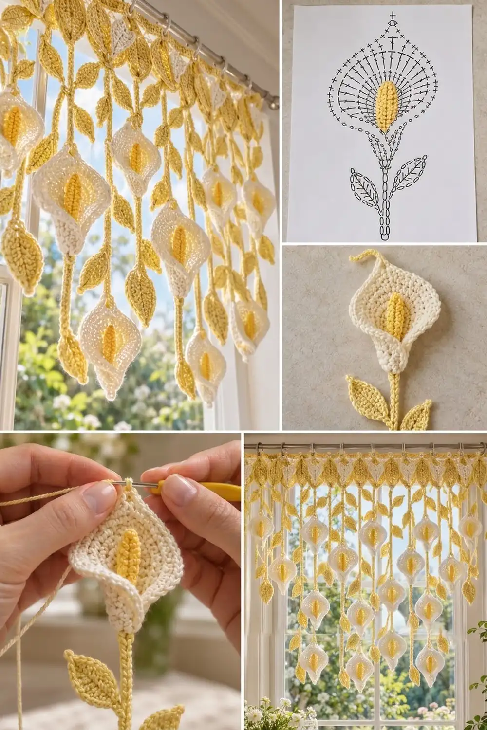 Handmade crocheted calla lilies with cream petals and golden centers hanging as a decorative garland in a sunny window.