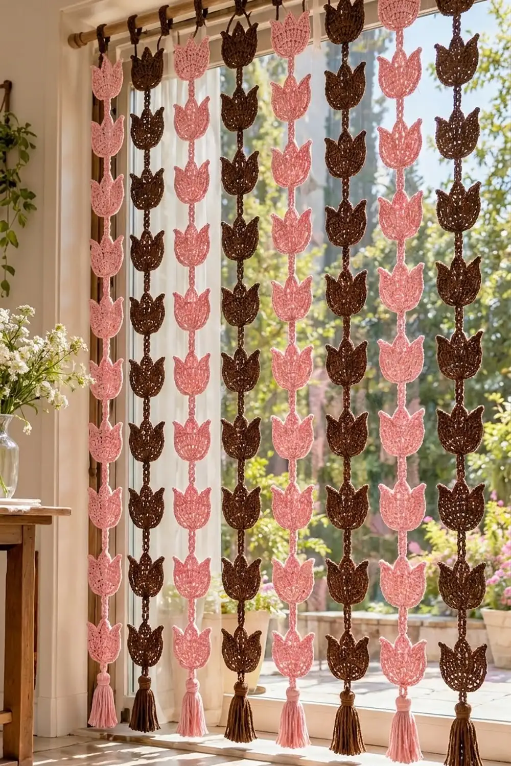 Crocheted tulip garland in pink and brown with tassels hangs in a bright window overlooking a green garden.