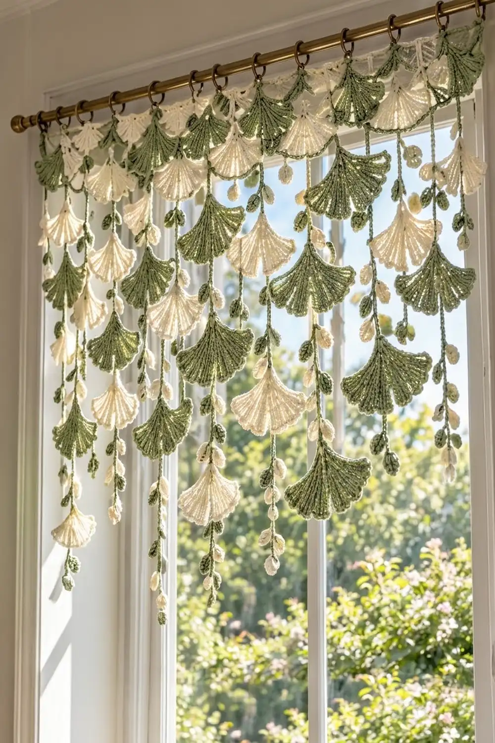 Crocheted cream and sage valance with scalloped shells and beaded fringe hangs on a brass rod over a garden window.