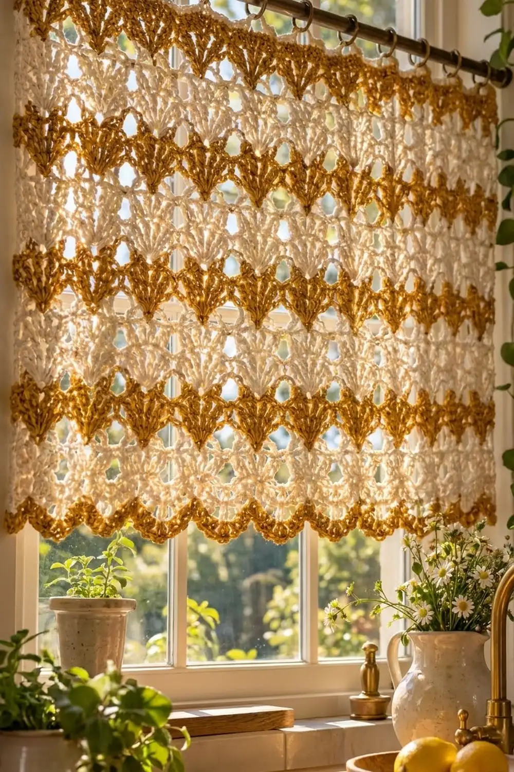 Gold crocheted lace curtain with scalloped openwork pattern hanging on a sunny window above potted plants and flowers.