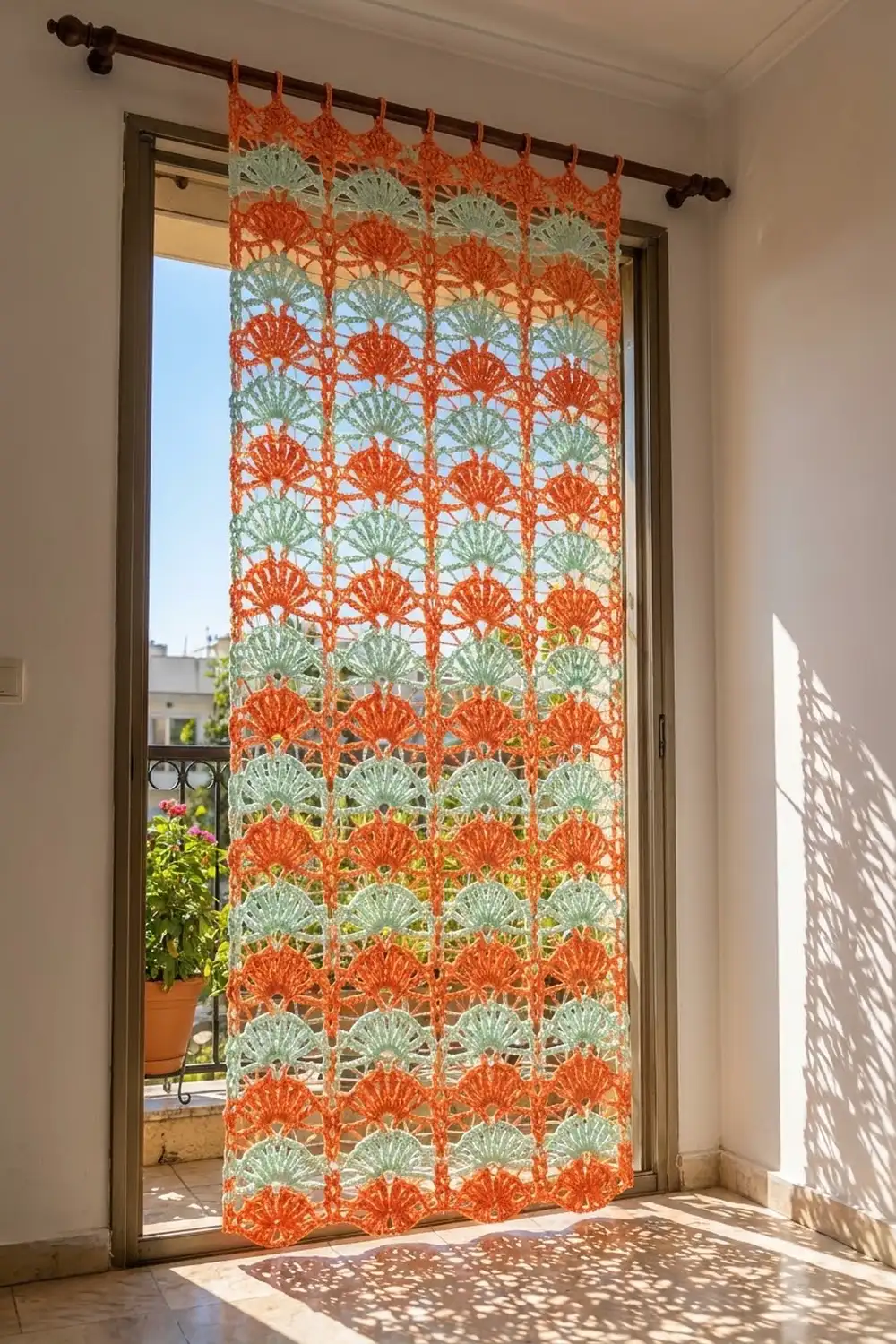 Crocheted lace curtain in orange and sage green with repeating fan motifs hangs at glass French doors in warm sunlight.