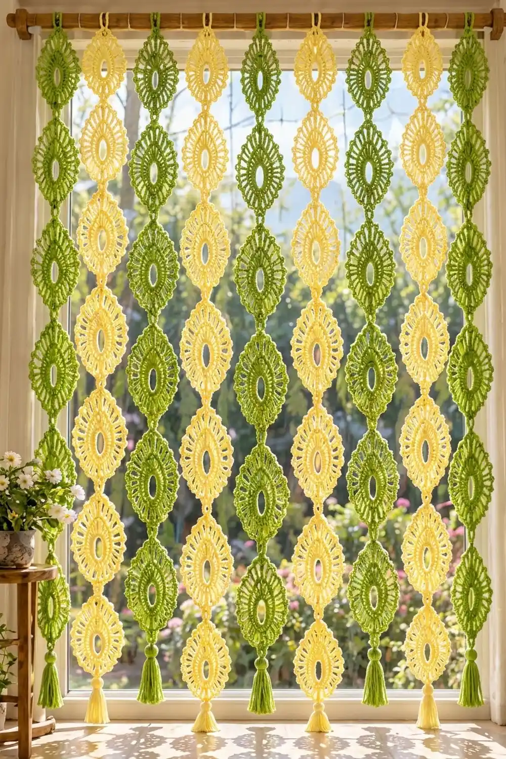Handmade crocheted window curtain in alternating yellow and green diamond shapes, hanging before a bright window overlooking a garden.