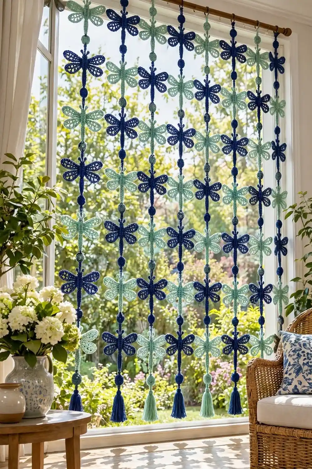 Navy and sage crocheted dragonfly curtain panel hanging from wooden rod in bright sunlit window with garden beyond.