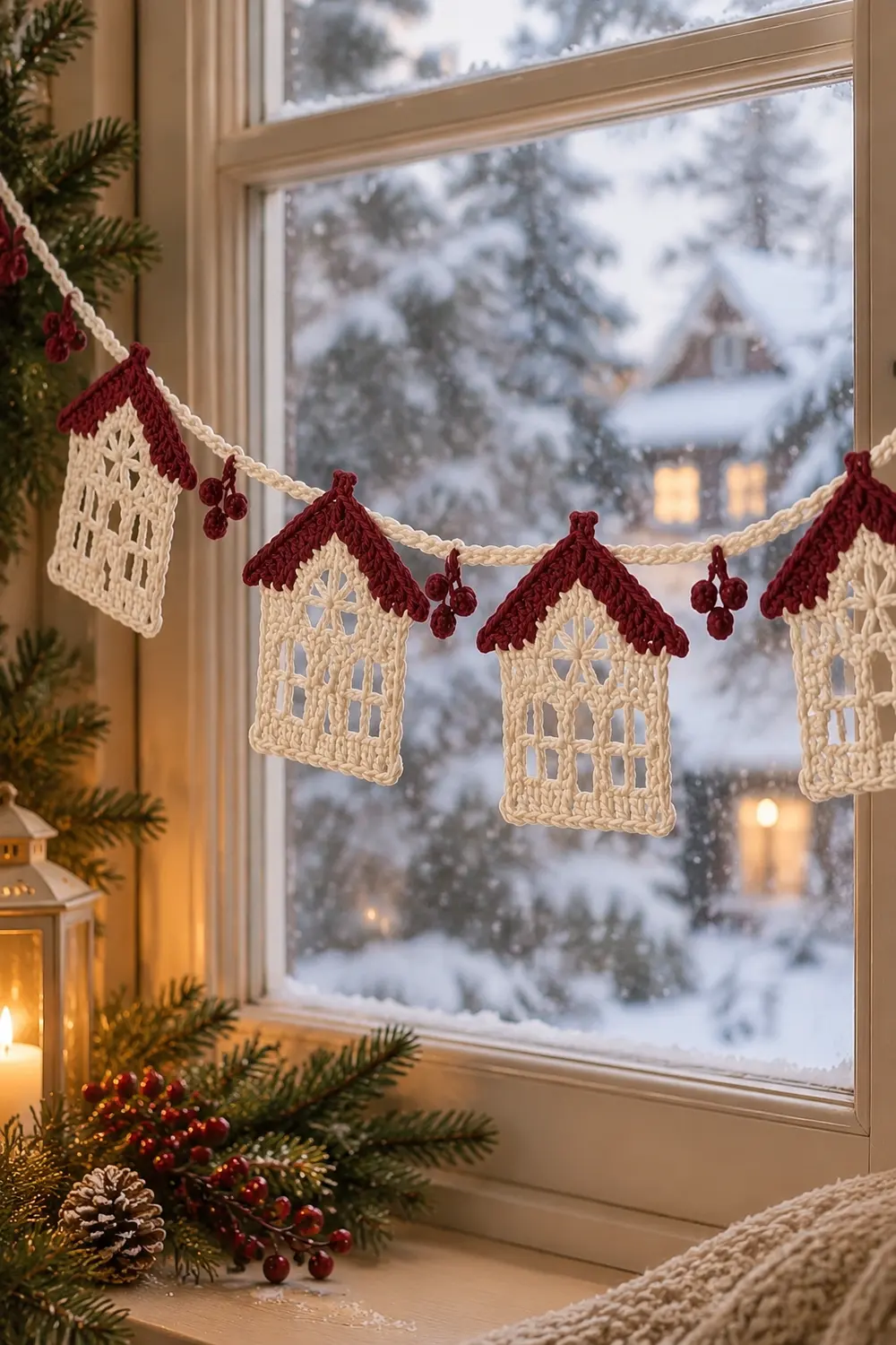Crocheted gingerbread house garland with cream and burgundy colors draped across a snowy window.