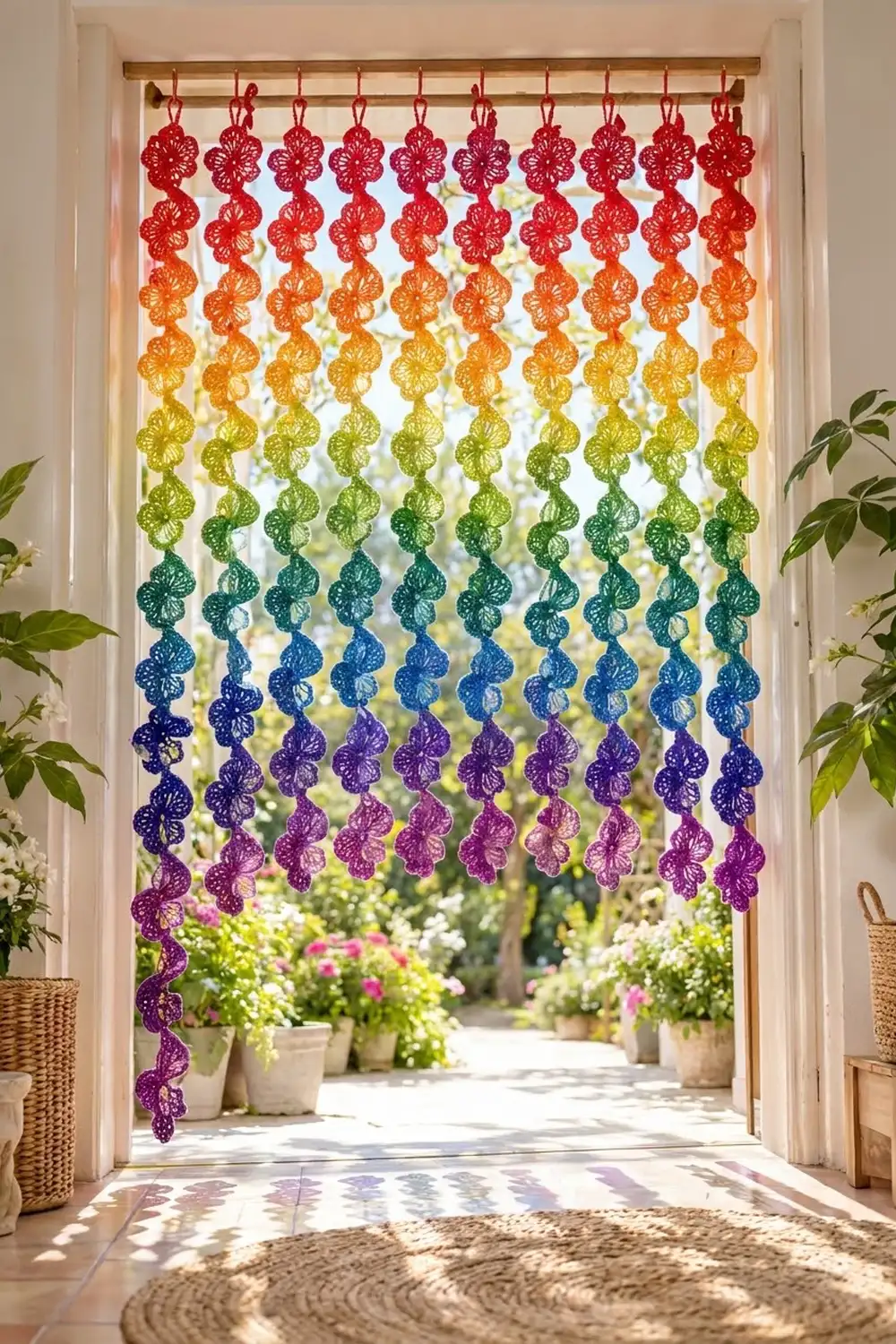 Rainbow gradient crochet flower curtain in vibrant red to purple hues hanging in a bright sunlit doorway with garden view.