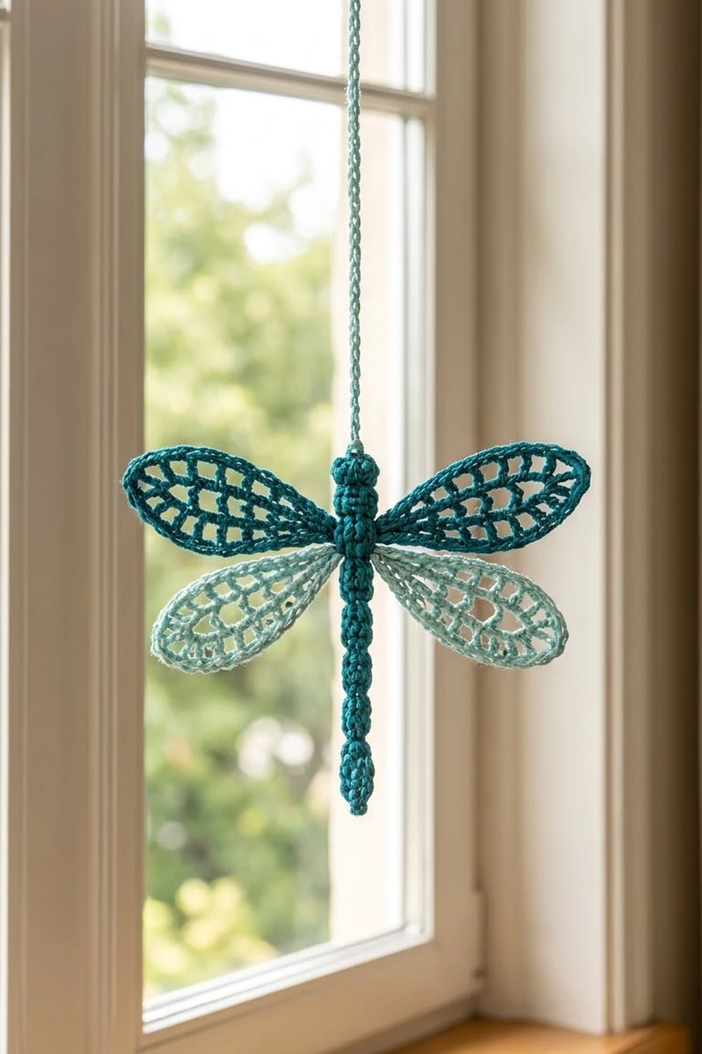 Crocheted teal and light green dragonfly ornament hanging from a window cord with greenery visible behind.