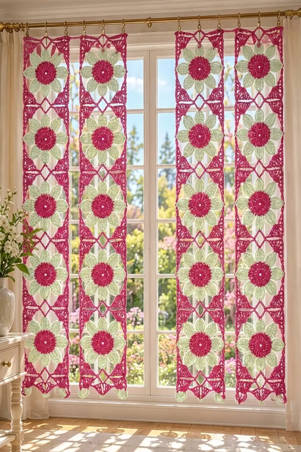 Crocheted curtains featuring magenta sunflowers with sage-green petals hang on a sunlit window overlooking a garden.