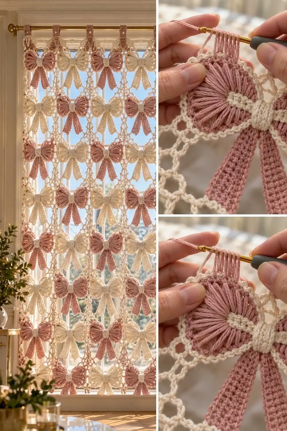 Delicate crochet curtain in soft pink and cream tones with repeating bow pattern hangs on brass rod by sunlit window.