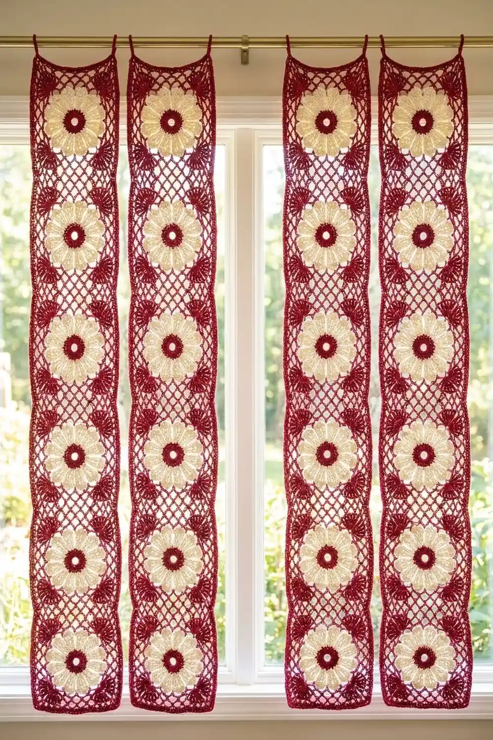 Four burgundy crochet panels with cream sunflower medallions and lattice work hang in a bright window.