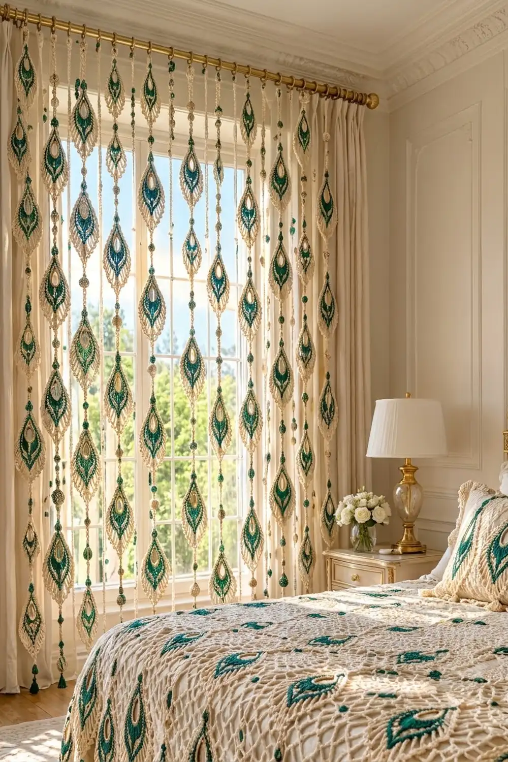 Beaded macramé crochet curtain with green and cream diamonds hanging from a brass rod in a sunlit bedroom.