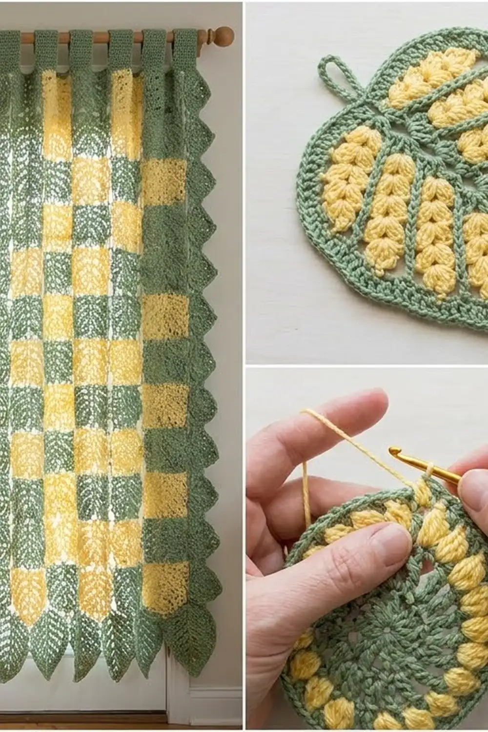 Crocheted blanket in sage green and pale yellow with gingham pattern and scalloped trim hanging from a wooden rod.