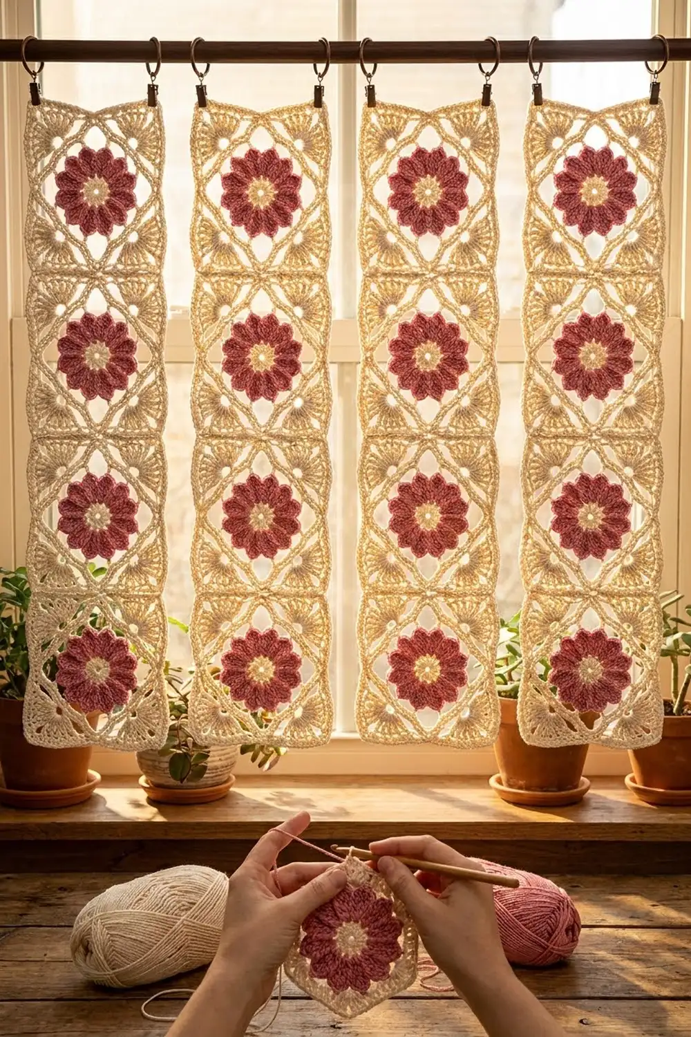 Cream and burgundy crocheted curtain panels with flower motifs hanging at a sunny window, hands working a matching motif below.