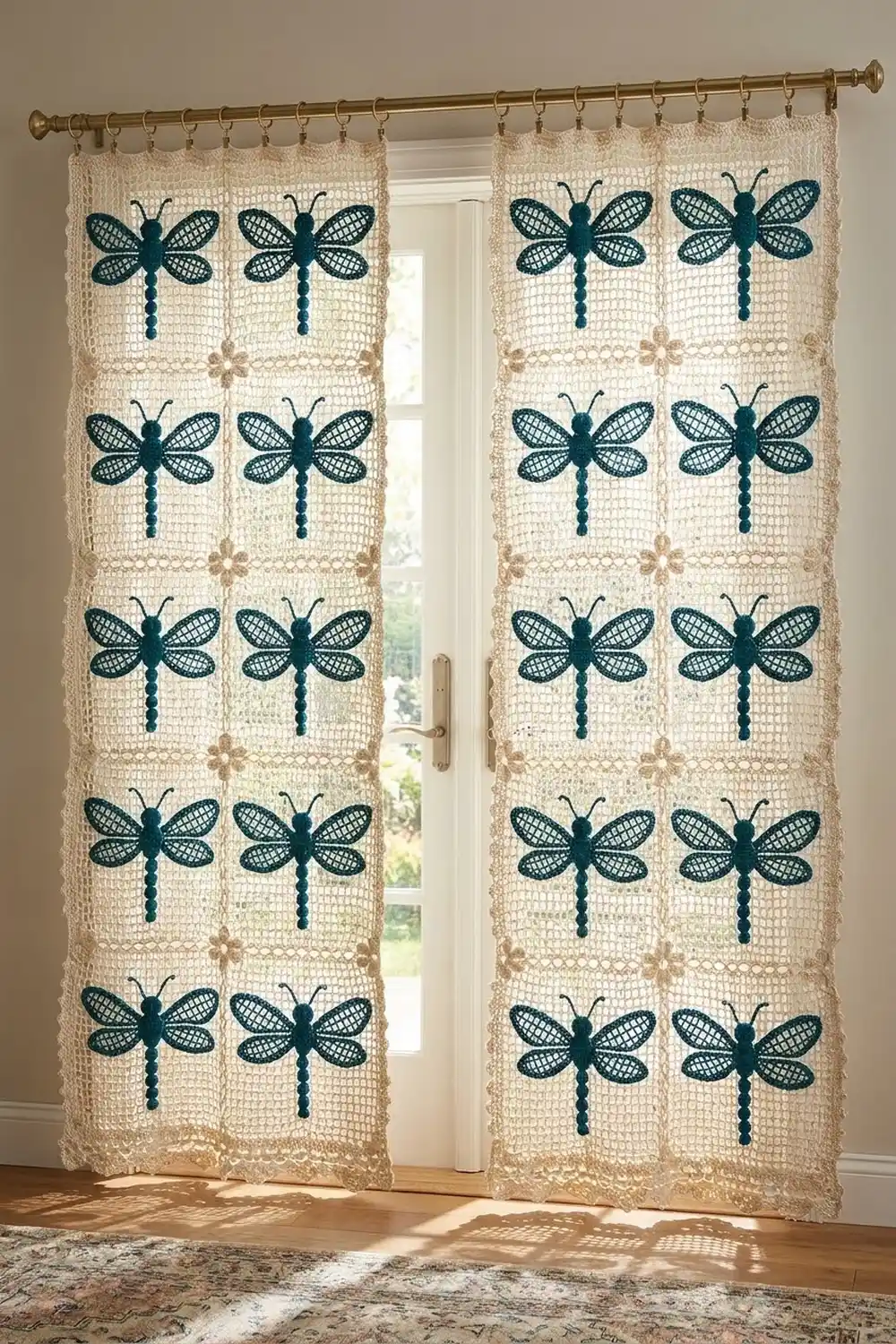Cream crochet curtains with navy dragonflies hang from a brass rod over a glass door, filtering sunlight.