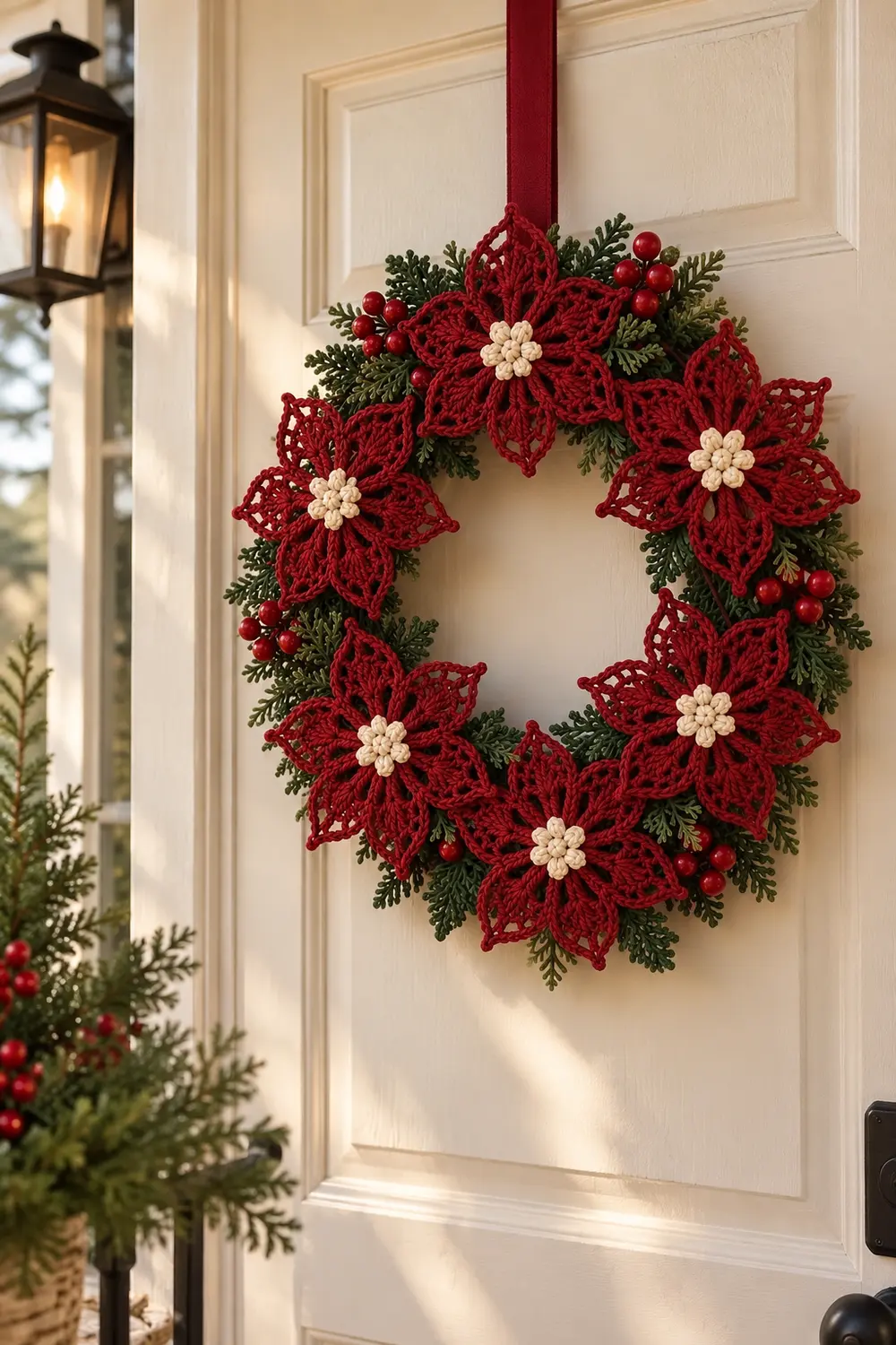 A crocheted red poinsettia wreath with cream centers hangs on a white paneled door with greenery accents.