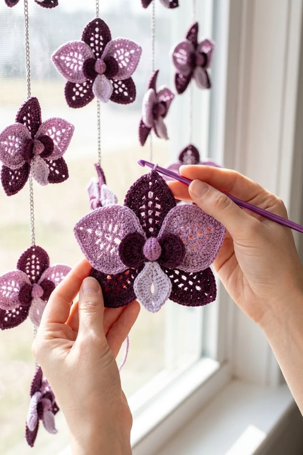 Hands holding a crocheted purple and mauve orchid with lace details beside matching hanging flowers at a window.