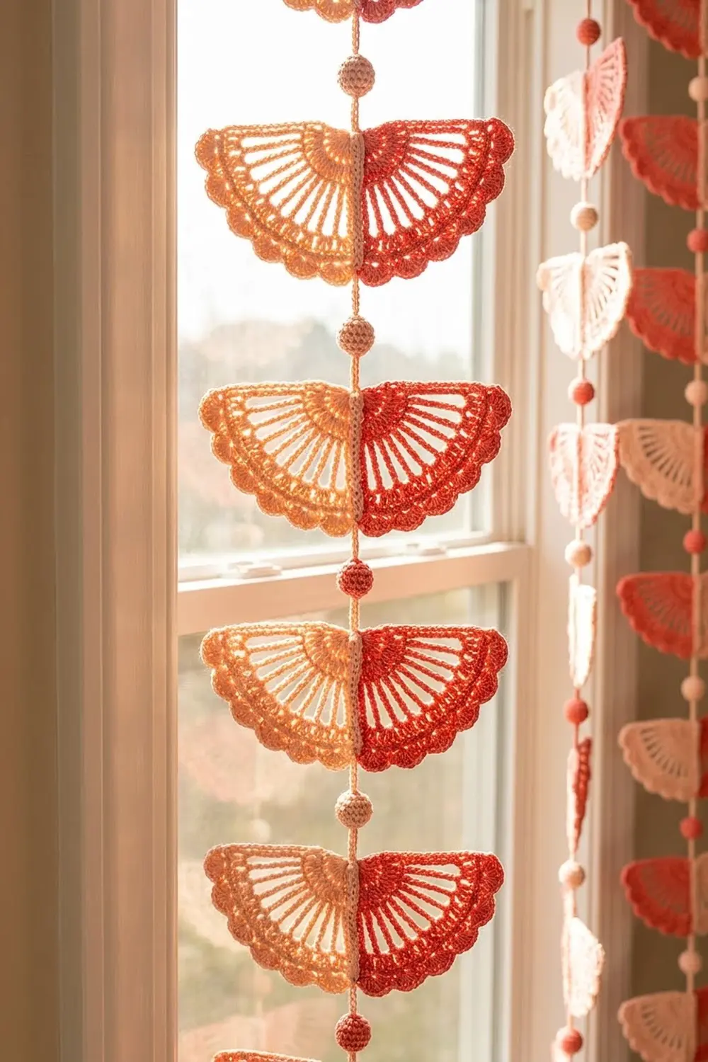 Crocheted mobile with coral, red, and cream fan-shaped pieces suspended in sunlit window above outdoor landscape.