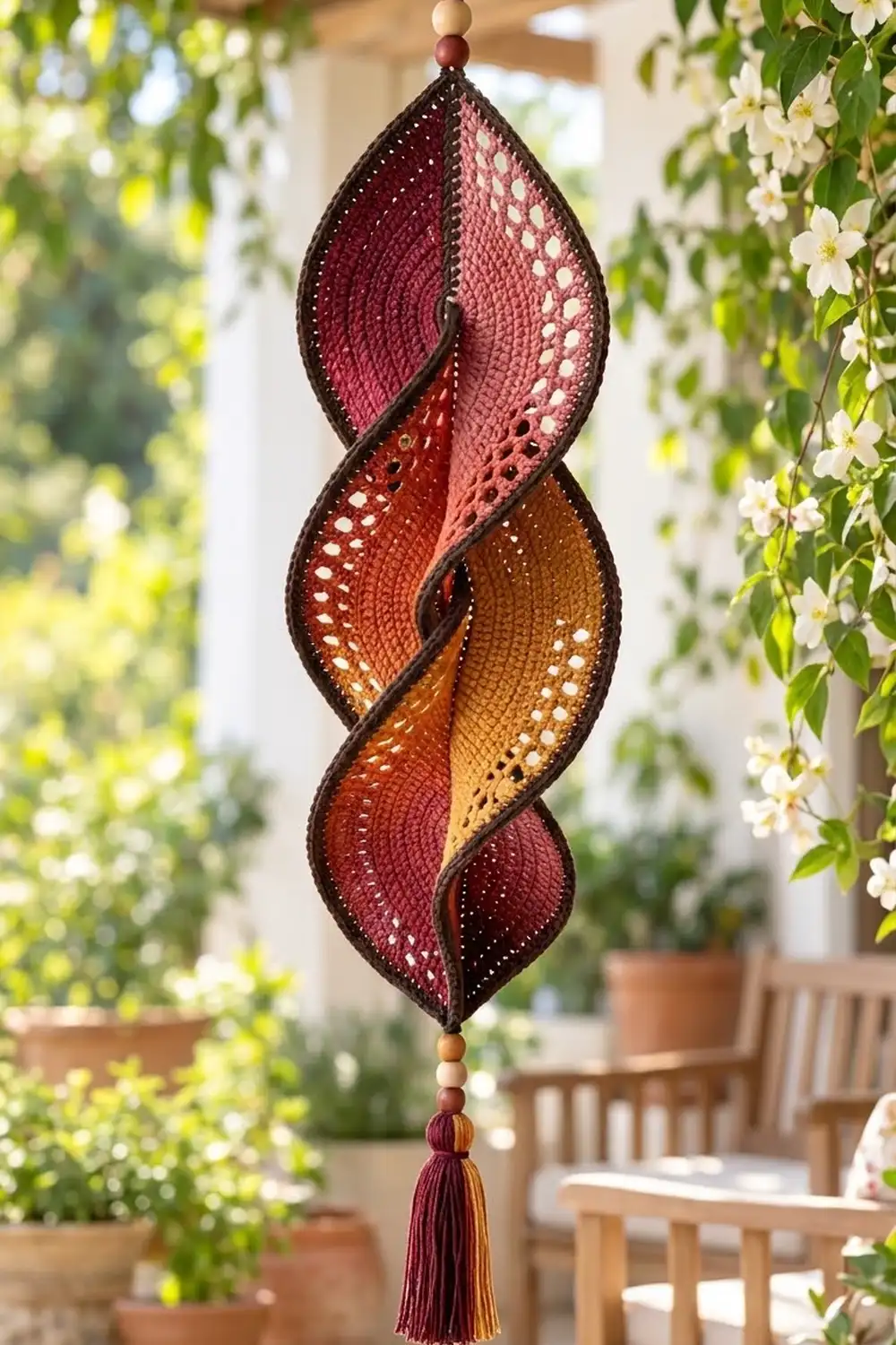 Ombré crocheted leaf from burgundy to gold, hanging in a sunny garden surrounded by white flowers.