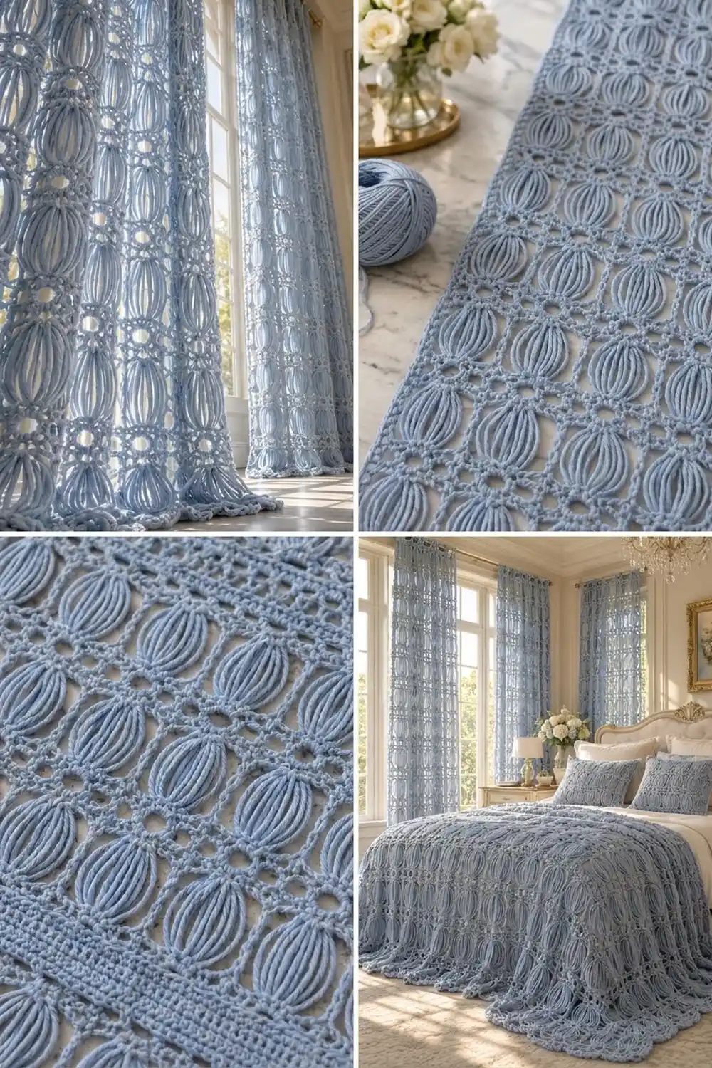 Blue-gray crocheted lace with repeating shell stitch styled as bedroom curtains and bedspread in an elegant, light-filled bedroom.