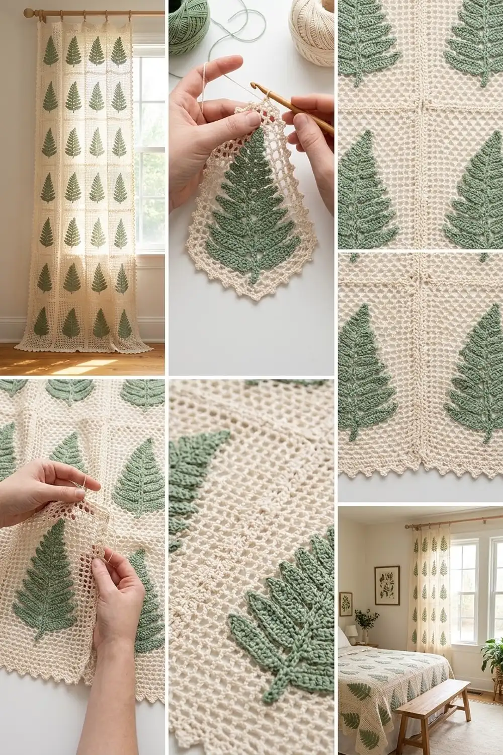 Crocheted blanket in cream and green fern motifs displayed as a curtain in a bright, sunlit room.