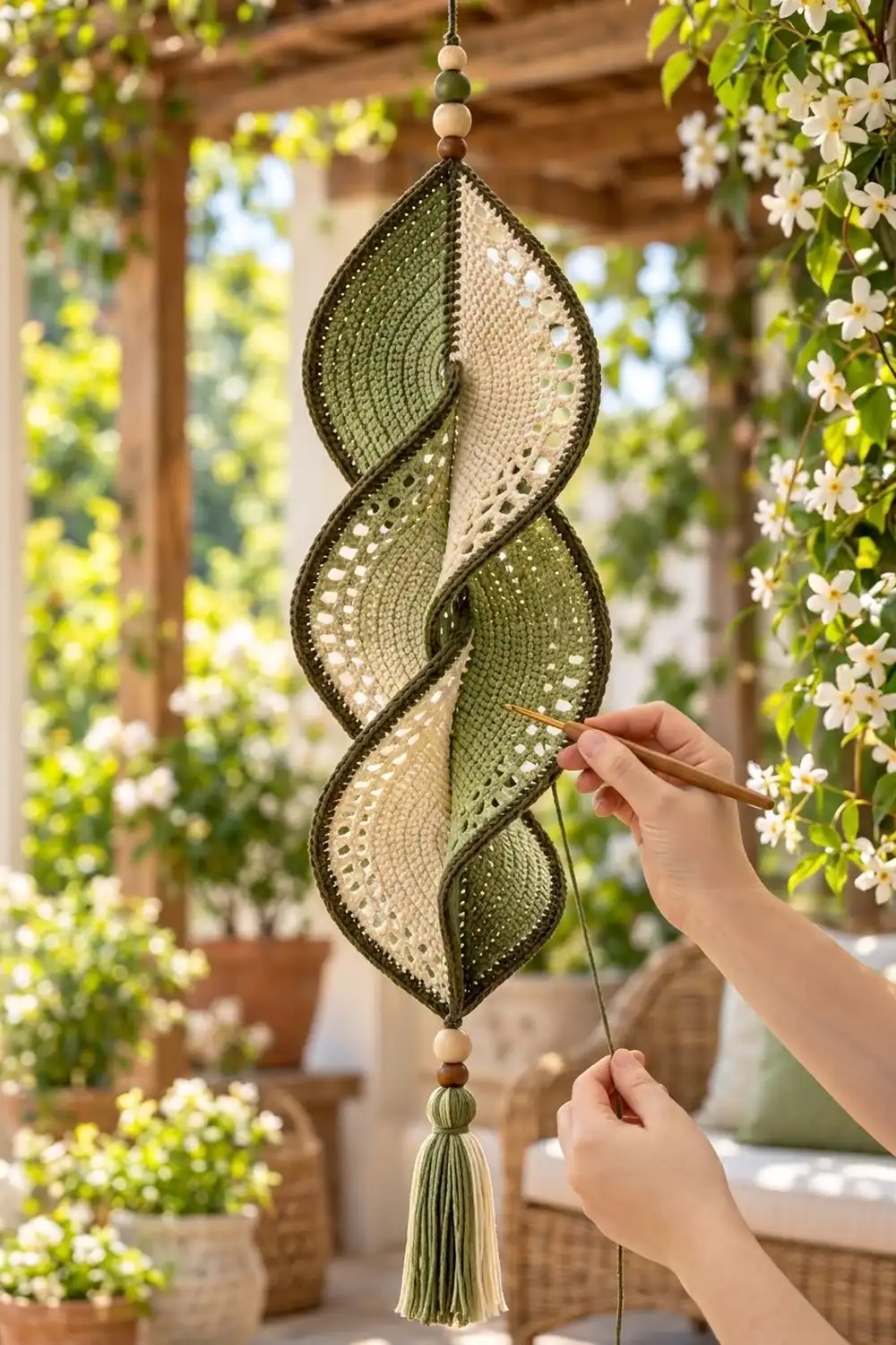 A hand guides a crochet hook near a crocheted sage-green and cream leaf hanging in a lush garden.