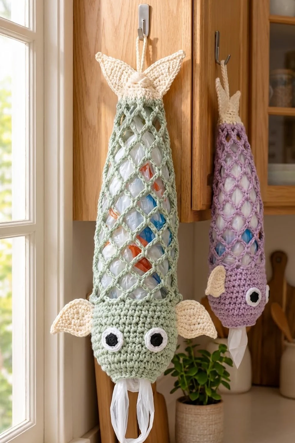 Sage green crocheted fish with cream-colored wings and beaded diamond pattern hang from wooden cabinets.