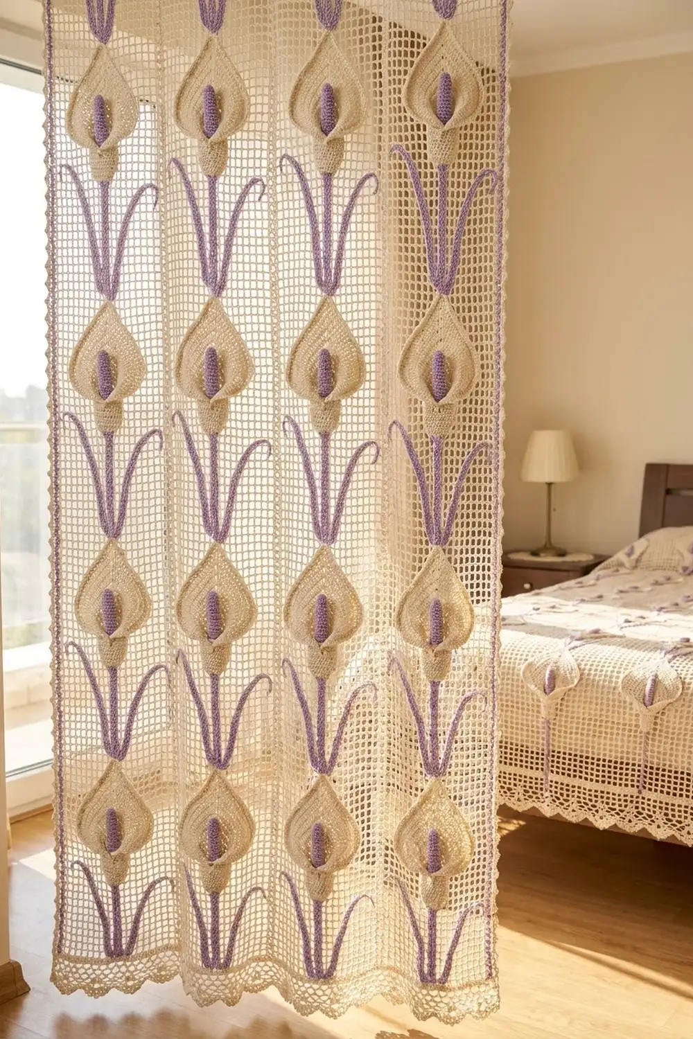 Cream and purple crocheted lace curtain with repeating diamond motifs hanging in a sunlit bedroom.