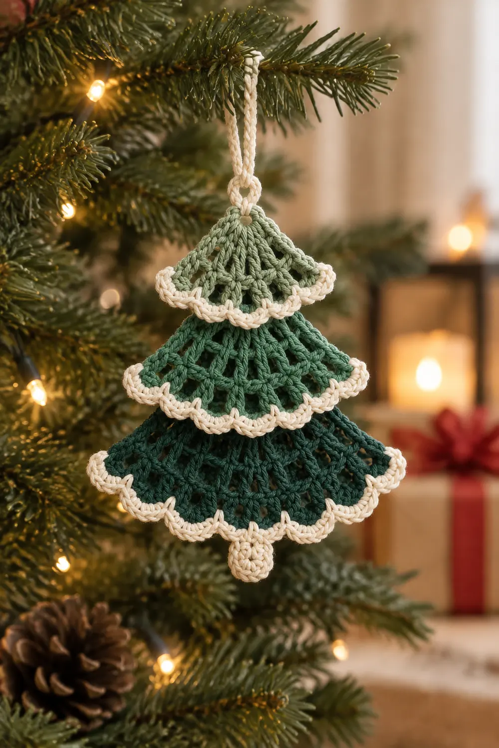 A crocheted green and cream Christmas tree ornament hangs from a white rope on an evergreen branch with lights.