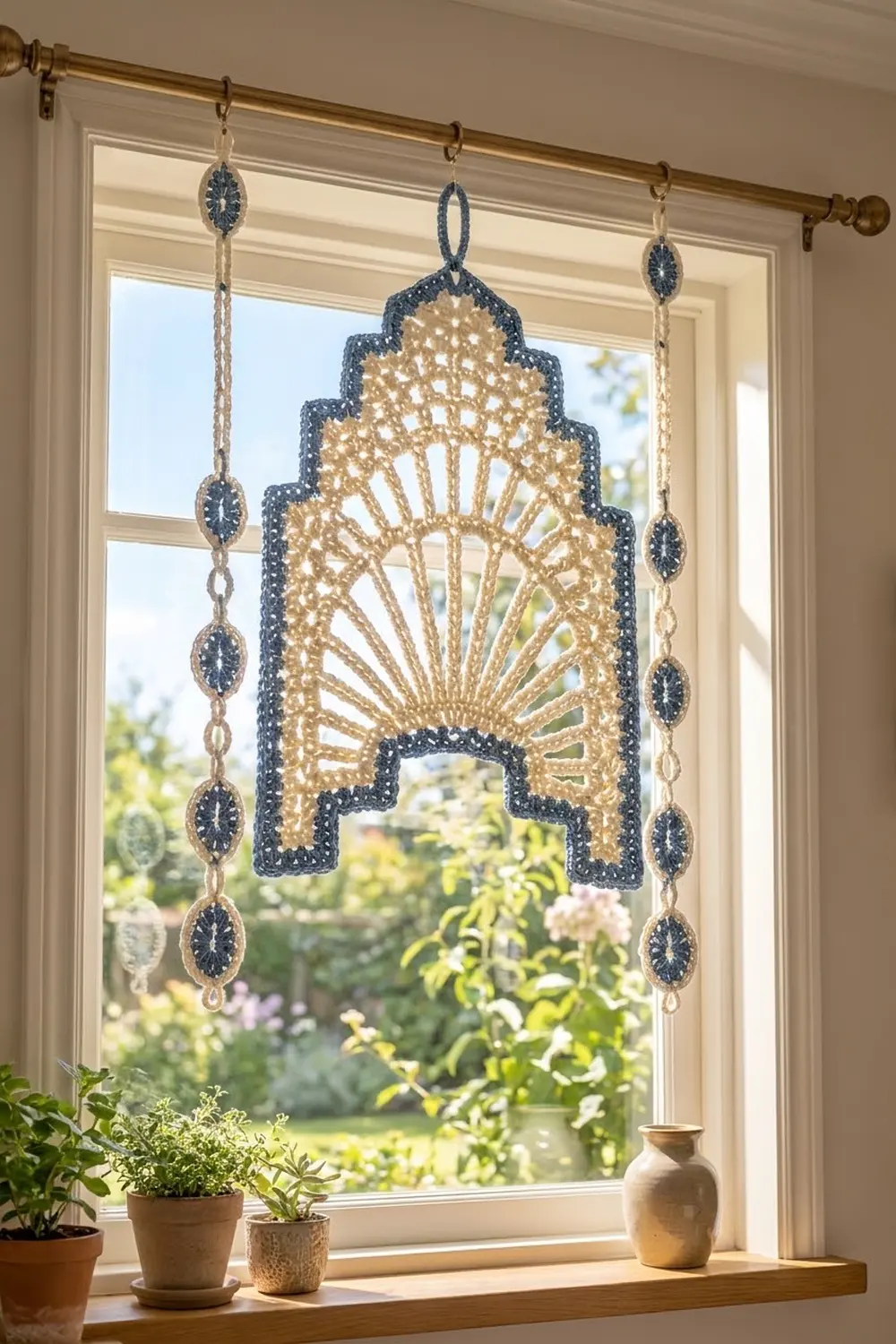 Navy and cream crocheted macramé hanging suspended from brass rod with decorative beaded chains above a sunny windowsill.