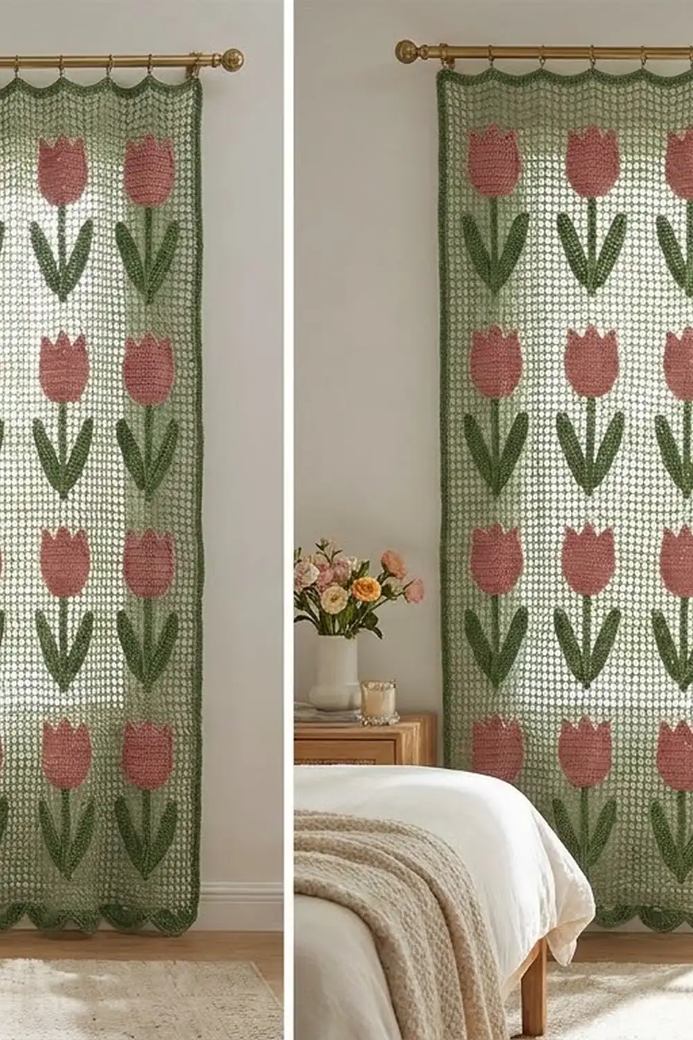 Openwork crocheted curtains with red tulip motif and green stems hang on brass rod in a serene bedroom setting.