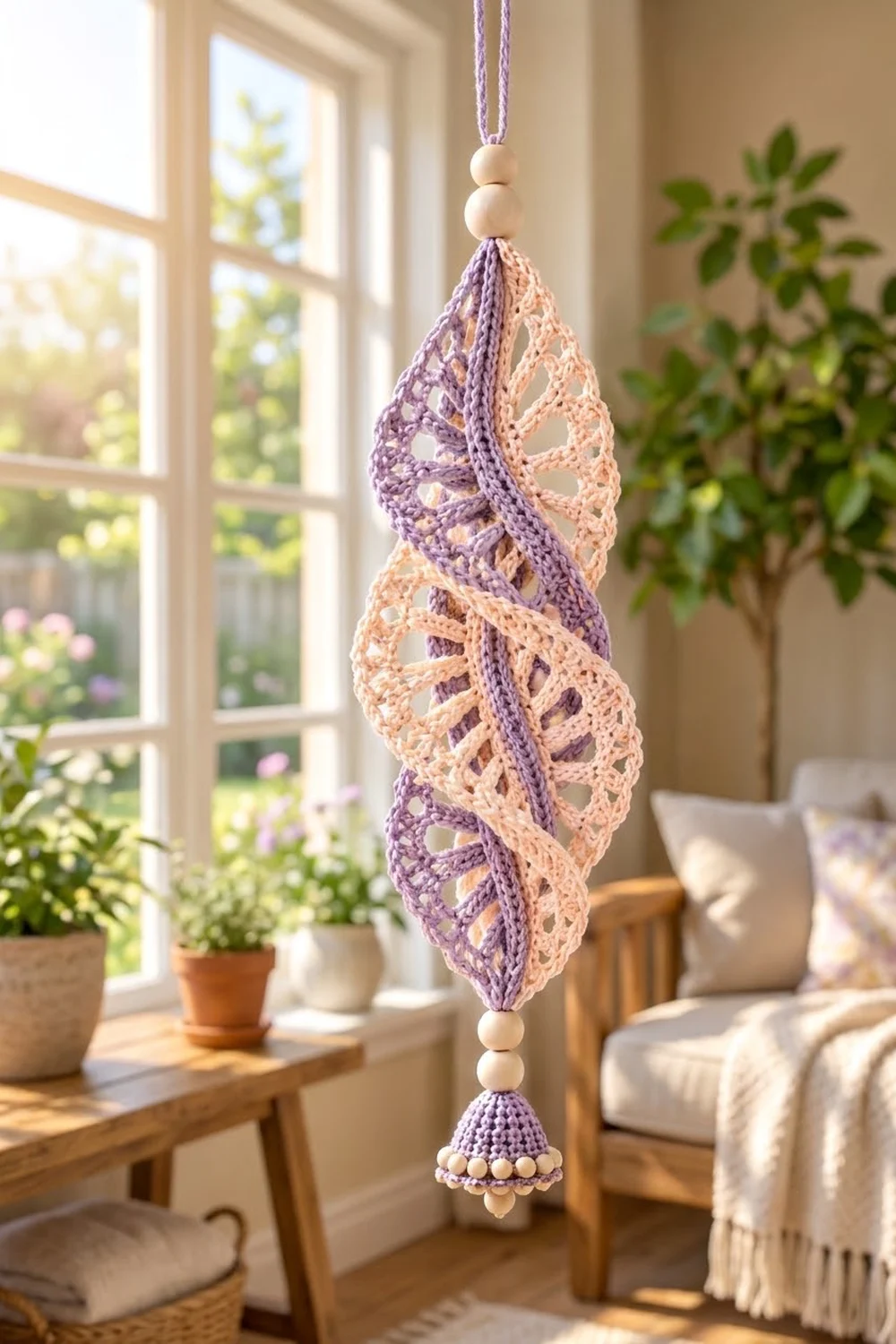 Spiral crocheted ornament with purple and cream sections and wooden beads, hanging in a sunlit window above potted plants.