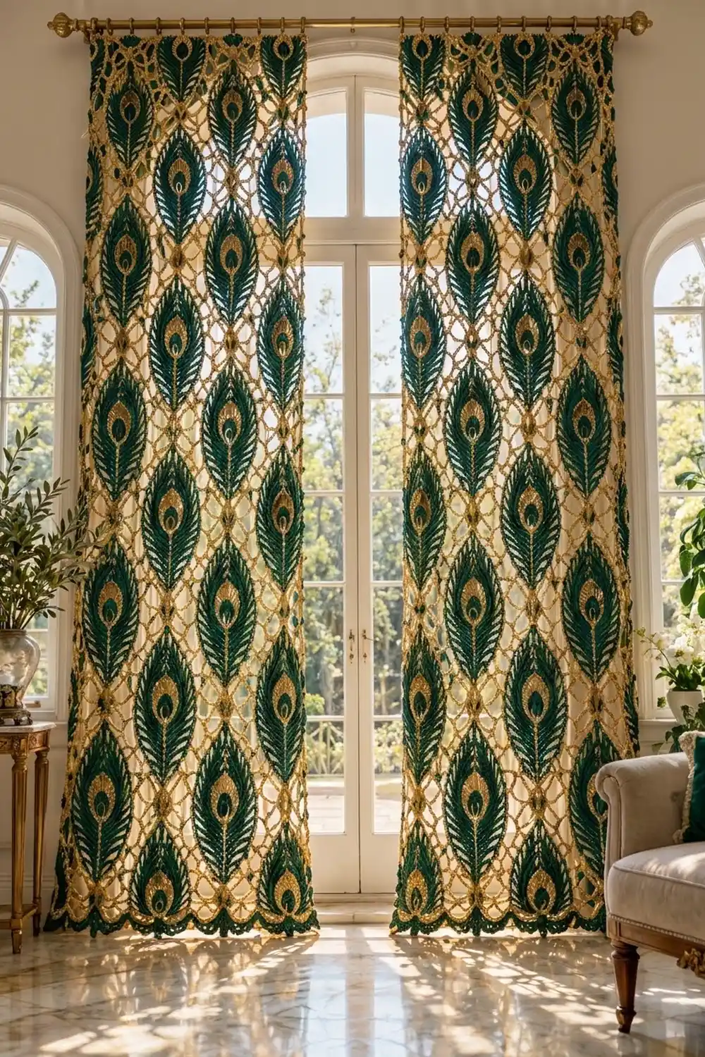 Emerald and gold peacock-patterned curtains hang from a brass rod framing tall arched French doors in a bright, elegant room.