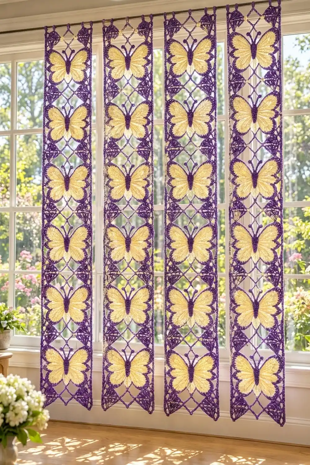 Purple lace curtain panels with yellow butterflies hang in a bright window overlooking a sunlit garden.