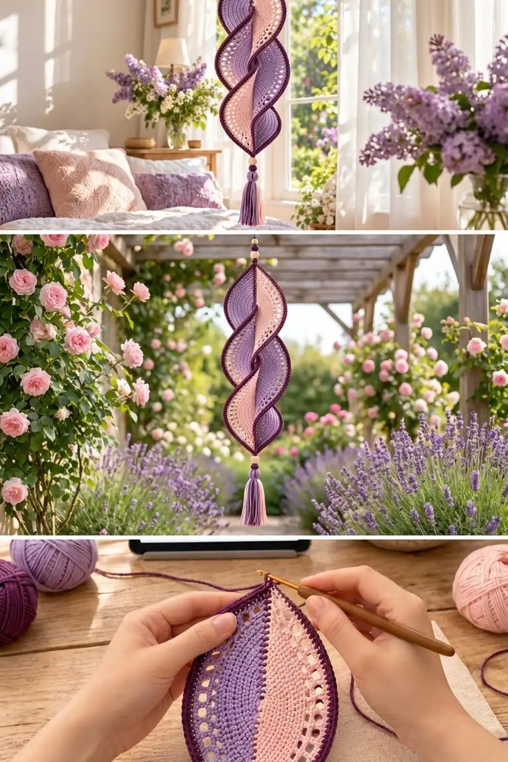 Crocheted teardrop wall hanging in purple and blush pink displayed in a sunlit bedroom and flower garden.