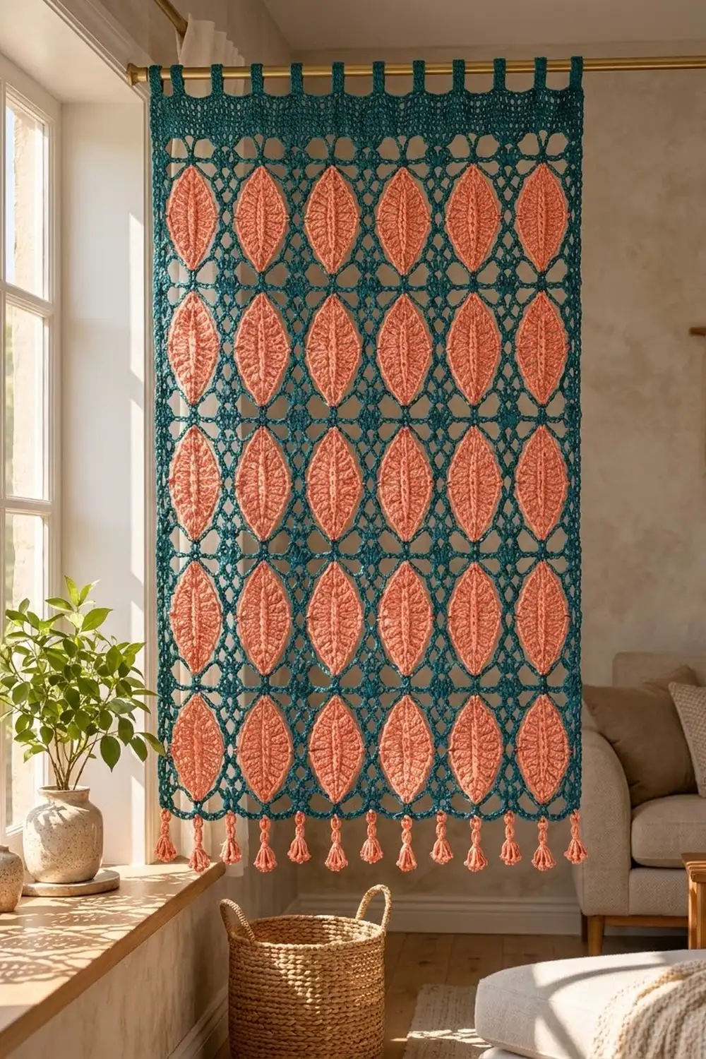 Crocheted wall hanging in teal with coral leaf motifs and tassels displayed above a plant in a bright modern interior.