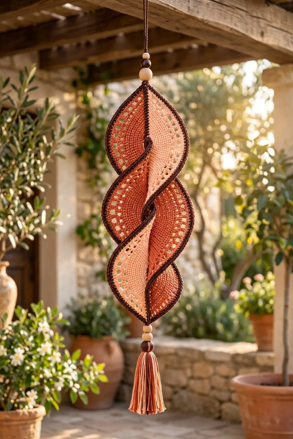 Rust and cream crocheted spiral hanging with wooden beads and tassel, displayed on a sunny pergola surrounded by potted plants.